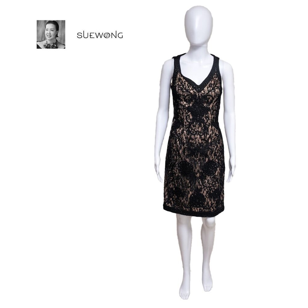 SUE WONG Nocturne Black Lace Overlay Dress